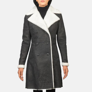 Manteaux d'hiver pour femmes en peau de mouton véritable à 100%, à simple boutonnage, mi-longueur, avec ceinture, logo personnalisé, réversible, coupe-vent, brun moyen - Product Image 1