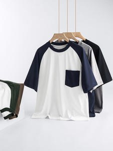 Camiseta de punto de manga corta para hombre, corte holgado, estilo <span class=keywords><strong>juvenil</strong></span>, con manga raglán, 100% algodón, anti-bolitas, con bolsillo de parche, transpirable, para verano. - Product Image 3