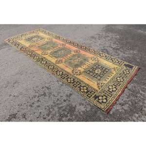 Tapis traditionnel en laine patchwork jaune noir fait à la main 4.3x10.9 pieds Rectangle en latex pour salon chambre couloir Style turc - Product Image 2