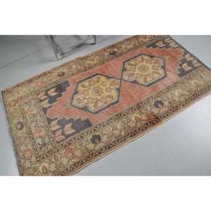 Turkish Accent Rug 3.6x6.46 ft, <b>Red</b> Bordered Vintage <b>Wool</b> Rug - Product Image 2