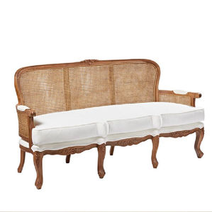 French-style rattan sofa, elegant cane loveseat, <b>white</b> <b>cushion</b>, vintage home furniture, available at wholesale prices. - Product Image 1