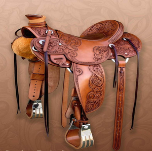 Silla occidental de cuero mecanizada a mano con una manta tejida, plateados y estribos ornamentados Conchos, disponible a precios al por mayor. - Product Image 3