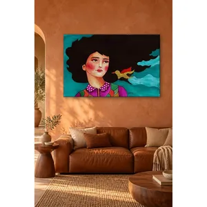 Impression sur toile Fida : Fille sur fond turquoise avec cheveux noirs ébouriffés et oiseau - Product Image 5