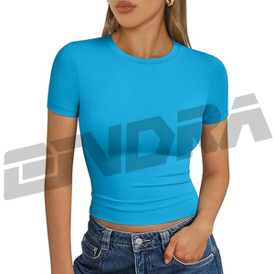 Haut décontracté pour femme, col rond, manches courtes, double doublure, coupe ajustée, coton extensible, pour un port quotidien estival, confort, mode, styles ux - Product Image 1