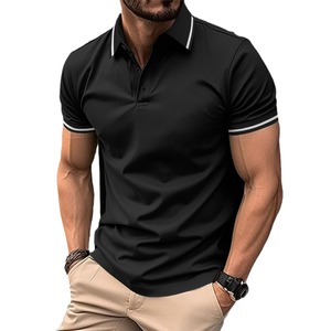 Chemises d'été à manches boutonnées à rayures pour hommes, chemises à col côtelé de couleur unie, hauts pour hommes, polos personnalisés en gros - Product Image 1