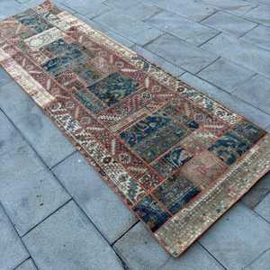 Alfombra Turca 3x9.7 pies (91x297 cm), Alfombra Vintage con Diseño de Cuadros Azules - Product Image 4