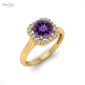 Hot Sale Amethyst Halo Ring 14K Real Gold Fine Jewelry 1mm Round Diamond Engagement Rings Bulk Jewelry Supplier for Retailers