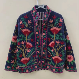 Blue Floral Velvet Short Jacket Embroidered Coat Festival Jacket Warm Winter Jacket Unisex Jacket Gift For <b>Wife</b> Bridal Jacket - Product Image 1
