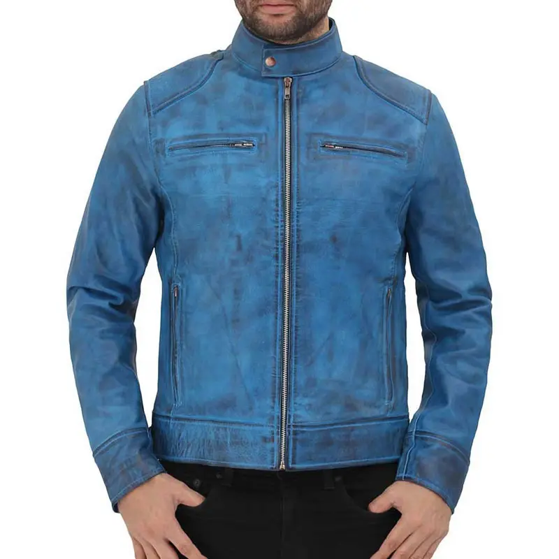 High Quality Custom Design Genuine Bomber Waxed Sky Blue Customized Top Design Winter Leather Jacket