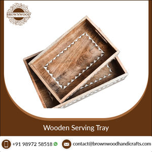 Plateaux de service alimentaire en bois de mangue, Design moderne, couleur blanche délavée, forme rectangulaire sculptée à la main, ensemble de 2 avec poignées - Product Image 2