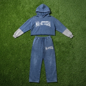 Conjunto de Sudadera Corta Azul con Efecto Ácido y Pantalones Jogger de Pierna Ancha para Mujer, de Algodón y Felpa, Estilo Urbano, Venta al por Mayor OEM - Product Image 6