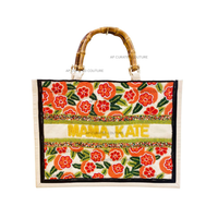 Bolso Tote Hecho a Mano con Cuentas, Diseño de Palmera Tropical, Grande, Colorido, para Playa, Verano, con Cierre Abierto, de Lona