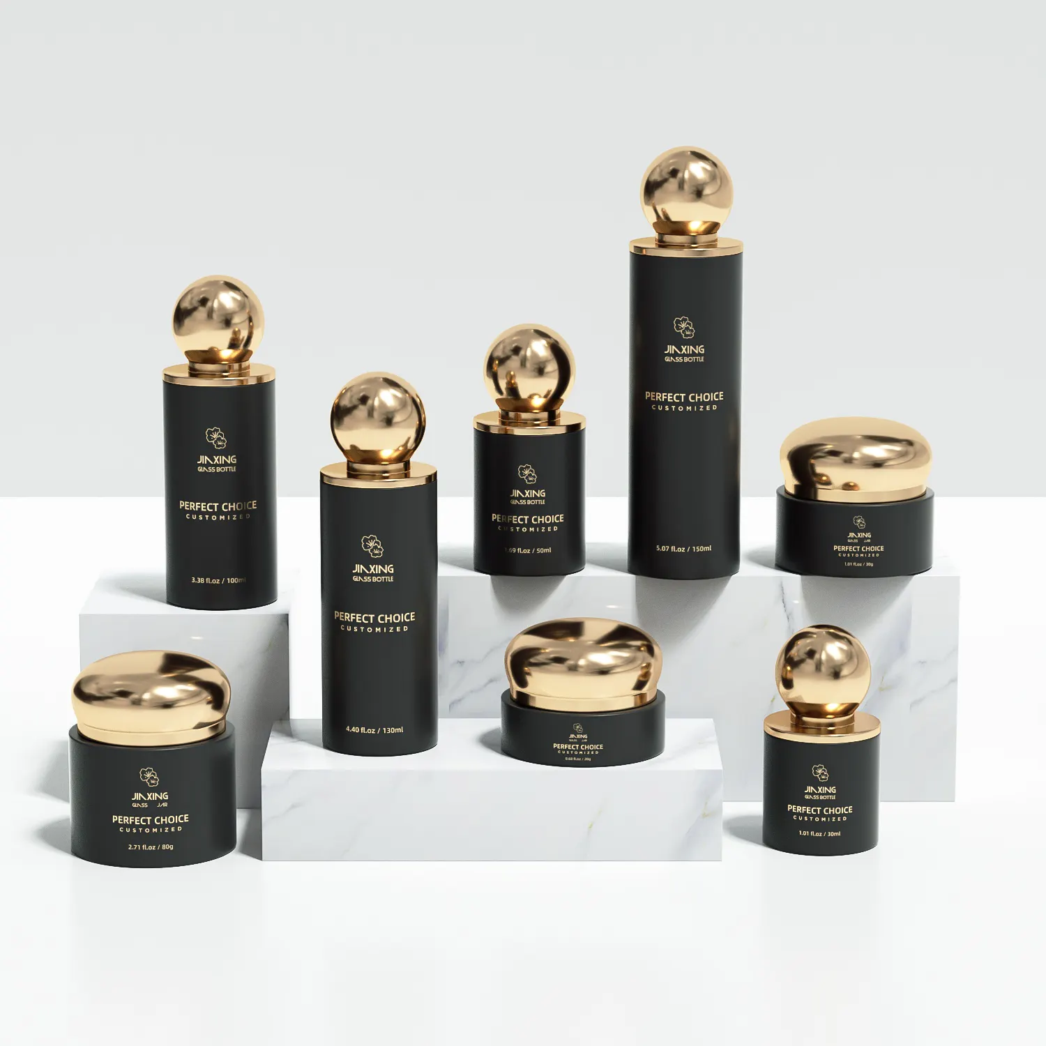 luxury matte black frosted glass cosmetic packaging set jars pump bottles with gold boll cap