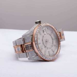 Luxueux Moissanite Diamant Clouté Ton Or Rose Montre Mouvement À Quartz Date Fonction Glacé Style Hip Hop pour Hommes et Femmes - Product Image 3