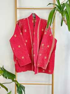 Vintage Rubí Rojo Kantha Kimono Bolero Fino Mujer Corto Cadera Longitud Frente Abierto Chaquetas Fajas Todas las Estaciones Boho Artista Vestido - Product Image 6