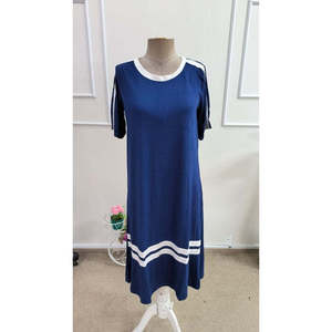 Women's Short-Sleeved Crew Neck Midi <b>Viscose</b> <b>Dress</b> with Stripe Detail, 37494 - Navy blue - Product Image 4