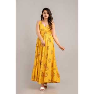 SHKUP1363 sin mangas mostaza Floral estampado Fit Flare Maxi vestido diseño personalizado elegante aberturas translúcido característica libre para el día - Product Image 5