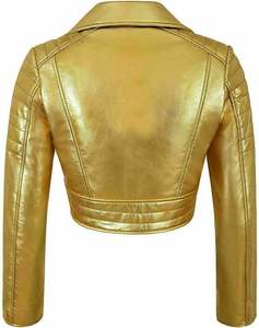 <b>Ladies</b> Gold <b>Cropped</b> Motorcycle Foiled Leather Biker <b>Jacket</b> Lambskin Classic <b>Jacket</b> Wholesale Factory Customised - Product Image 3