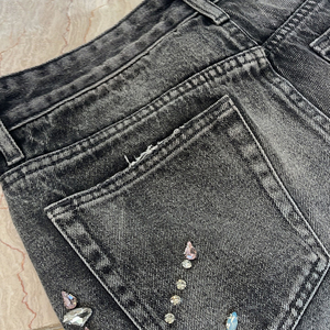 Hot Sale Custom Men's 100% Denim Shorts Rhinestone pant Summer jeans Diamond Crystal Side <b>Strip</b> Washed Denim Shorts for Men - Product Image 6
