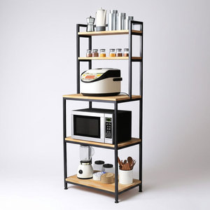 Foldable Standing <b>Kitchen</b> <b>Rack</b> with Rubber Wood & Iron Frame for Microwave Oven <b>Storage</b> - Product Image 1