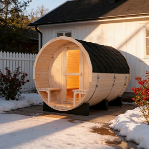 6-Person White Pine Barrel Sauna 6KW Stove Outdoor Rainproof Shingles Dual Porch Benches - Product Image 2