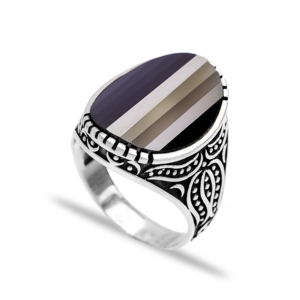Anillo de Hombre de Plata de Ley 925 Auténtica Hecha a Mano al por Mayor, Joyería Masculina con Piedra de Ónix de Estilo Otomano en Forma Ovalada - Product Image 1