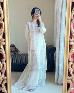 Conjunto de traje Sharara de seda Simmer, ropa de fiesta India paquistaní lista para usar, ropa de boda tradicional cosida Salwar Kameez Dupatta - Product Image 4