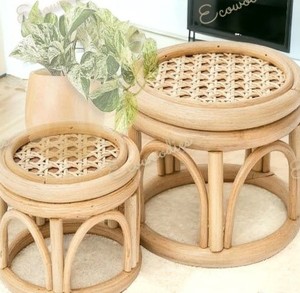 Ensemble de 2 tabourets de balcon en rotin et osier pour pot de fleur tissé d'intérieur, pouf pour console de salon avec incrustation d'os - Product Image 1