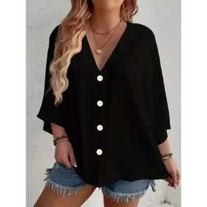 Camiseta informal de verano de estilo americano europeo, botón de cuello en V de Color sólido, técnica de bordado transpirable, manga corta de algodón 100% - Product Image 5