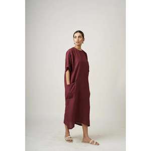 Women Solid Maroon Knitted Floor-Length Eco-Friendly Natural <b>Loose</b> Fit Short Sleeve Kaftan Style Casual Summer <b>Dress</b> - Product Image 2