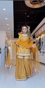 Nouvelle tenue de fête traditionnelle pour femmes, Salwar Kameez, en soie Chinnon lourde, avec un haut à paillettes de 5 mm, Sharara Plazzo - Product Image 2