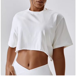 Camisetas de moda sostenible para mujer, Camiseta básica de manga corta con cuello redondo, Camiseta corta lisa con logotipo personalizado en blanco para mujer - Product Image 3