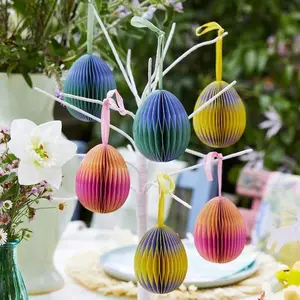 3 Small Hanging Honeycomb Decorative Eggs Pink Yellow Green Easter Party Decorations Reusable Honeycombs