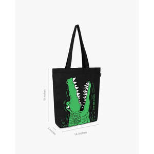 Sac fourre-tout noir avec fermeture éclair et logo crocodile imprimé, doublure en polyester, décoration brodée, sac de plage en coton et polyester - Product Image 3