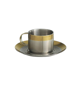 Ensemble de tasses à thé et soucoupes en acier inoxydable écologiques faites à la main, design contemporain, tasse à café pour usage hôtelier - Product Image 1