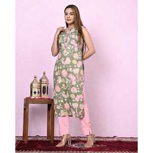 Vestido verde de mujer con cuello redondo, estilo kurta, transpirable, elegante, informal, para oficina, tallas XS a XL, largo hasta el suelo/hasta la rodilla - Product Image 4