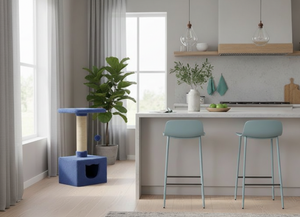 Blue <b>Cat</b> Tree With Sisal <b>Scratching</b> <b>Post</b> And Hidden Cave For Indoor <b>Cats</b> Minimalist Design Solid Color One Level - Product Image 4