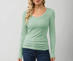 Camiseta de Verano para Mujer, Cuello en V, Manga Larga, Corte Regular, 100% Algodón Sin Blanquear, 240g, Serigrafía - Product Image 1