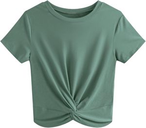 Hauts courts respirants pour femmes chemisier d'été à manches courtes avec col rond design de t-shirt avant torsadé pour l'hiver - Product Image 1