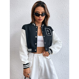 Mangas de cuero Chaquetas de mujer Crop Baseball Letterman Chaquetas de mujer - Product Image 5