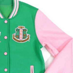AKA giacca Varsity in pile verde Body rosa maniche greco abito da confraternita personalizzato ricamato AKA Divine Nine HBCU - Product Image 4