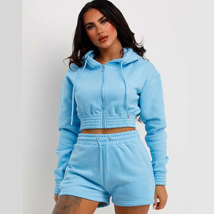 Conjunto personalizado de Sudadera con capucha y pantalones cortos de lana para mujer, conjunto corto de moda para correr con camisetas sin mangas - Product Image 4