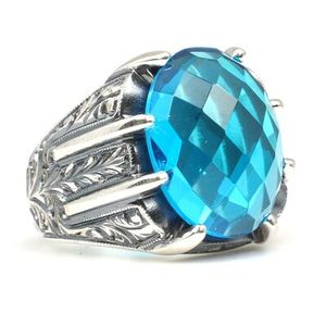 <b>925</b> Sterling <b>Silver</b> Dainty Men's <b>Ring</b> with Faceted Aquamarine Stone Oval Cut Bezel Setting Handcrafted Everyday Wear Jewelry - Product Image 2