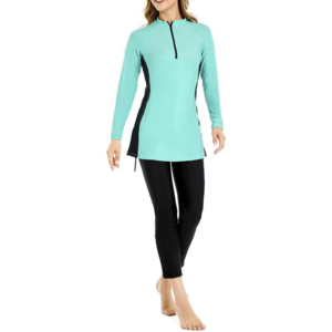 Traje de baño Burkinis sólido de corte alto de 2 piezas modesto para mujer con logotipo frontal para surfear y nadar - Product Image 3