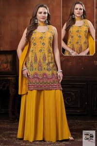 Traje Palazzo Amarillo Mostaza de Diseñador para Mujer con Kurti Bordado y Dupatta para Bodas y Fiestas - Product Image 3