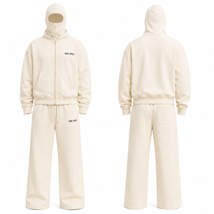 Ensemble de survêtement personnalisé ivoire avec cagoule à double capuche, sweat à capuche zippé oversize et pantalon large, style streetwear, OEM ODM, marque privée, taille XL - Product Image 2