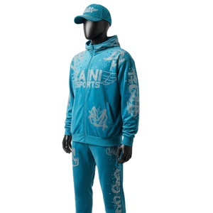 Ensemble de survêtement pour homme en tissu polaire polyester élasthanne haute densité 300 GSM, couleur sarcelle, avec capuche, logo cristal thermocollé, grandes tailles - Product Image 4