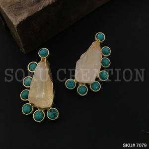 Fine Big Dangle Boucles D'oreilles Perle Naturelle Turquoise Multi Pierre Boucles D'oreilles Plaqué Or Prong Ensemble Boucles D'oreilles - Product Image 2