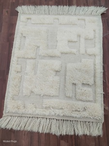 Tapis texturé en laine nouée à la main crème géométrique haute boucle coupe moderne minimaliste tapis de sol en laine scandinave fait à la main décor à la maison - Product Image 2