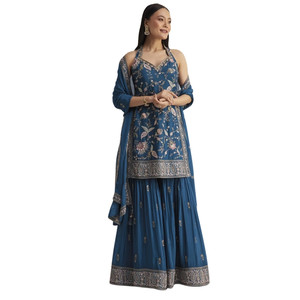 Traje Sharara de trabajo de hilo azul al por mayor con Dupatta para fiesta de boda, recepción festiva y pedidos étnicos personalizados - Product Image 1